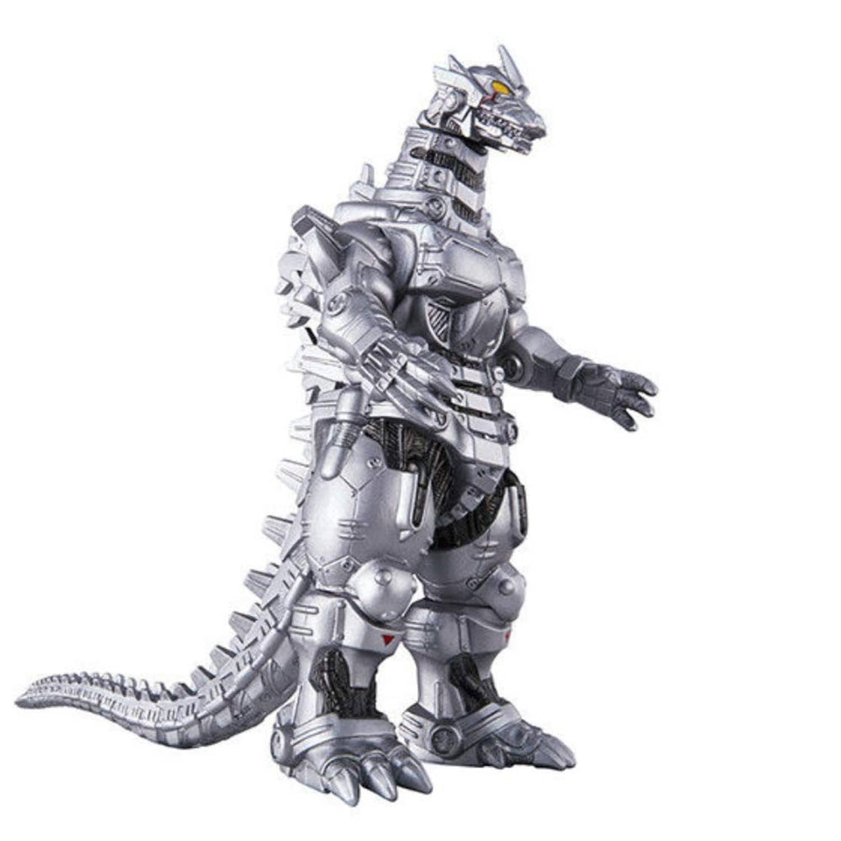 Mechanic-style Godzilla vinyl figure in metallic silver, open mouth, orange eye