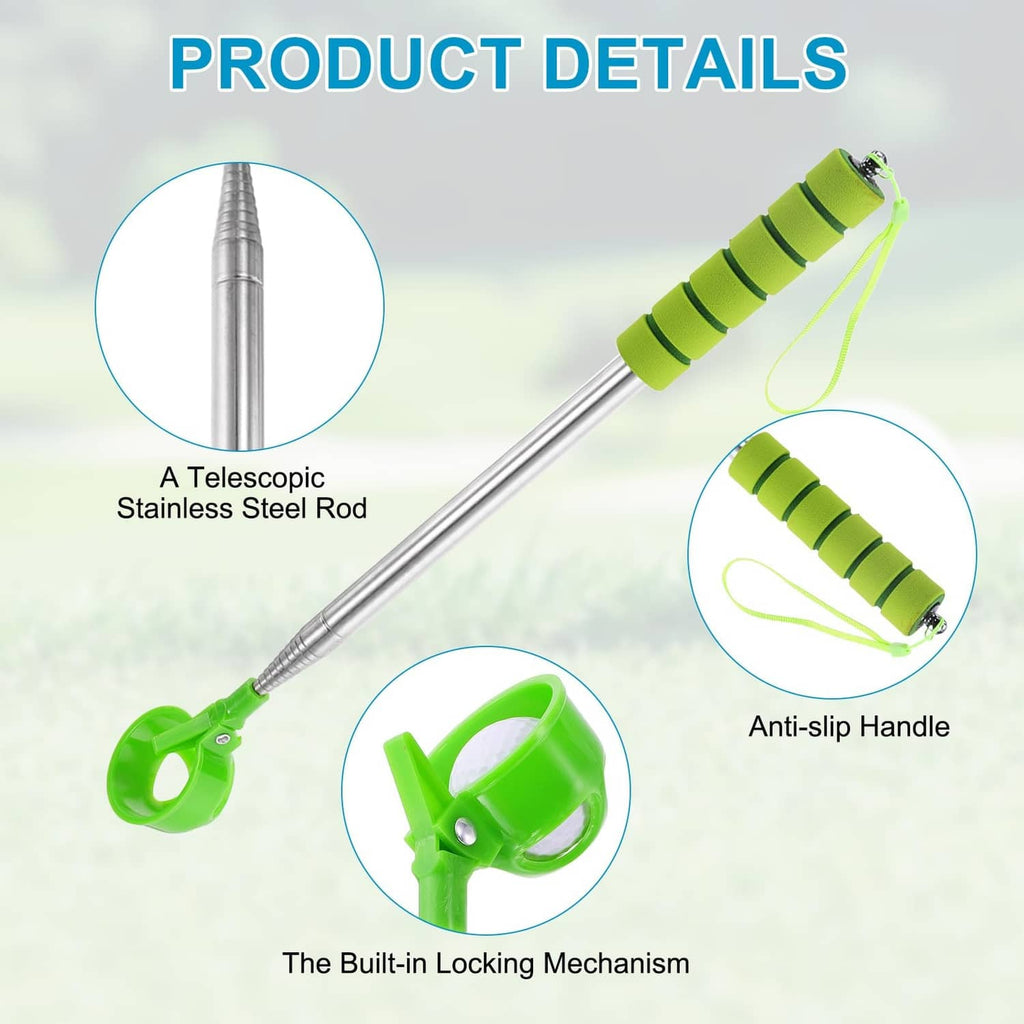 Telescopic golf ball retriever with green anti-slip handle, locking mechanism, and steel rod