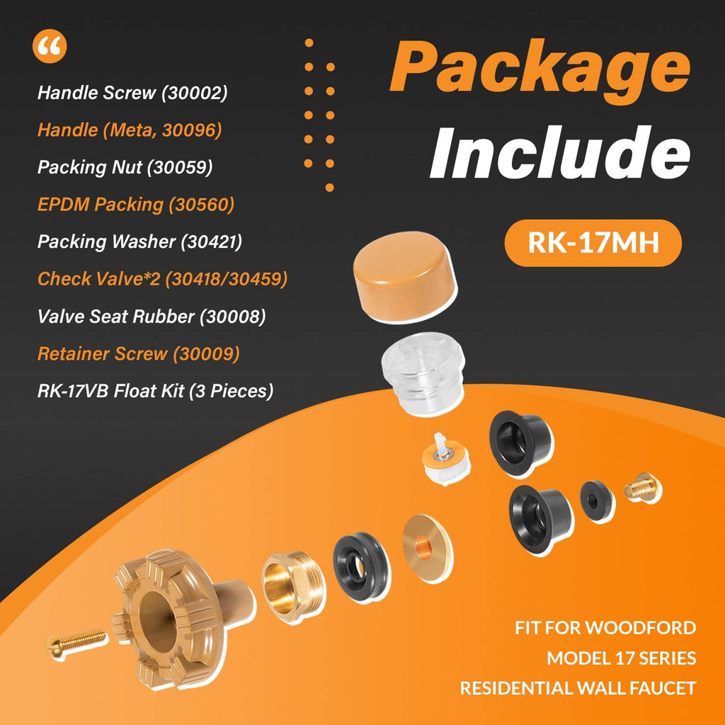Wall hydrant repair kit hardware display with brass parts and clear packing sleeve