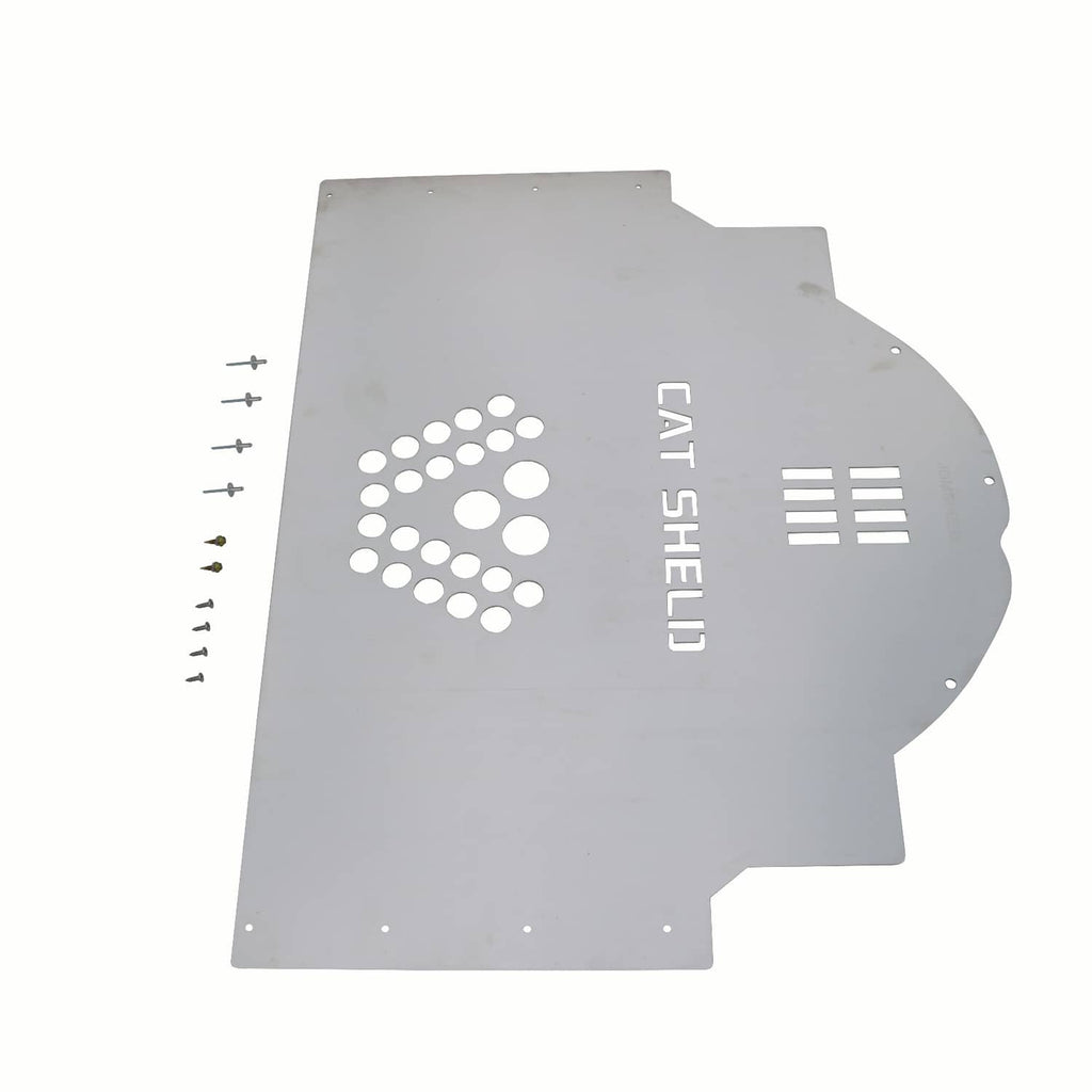 Metal cat shield panel with perforated emblem, CAT SHELLI text, and bolt holes