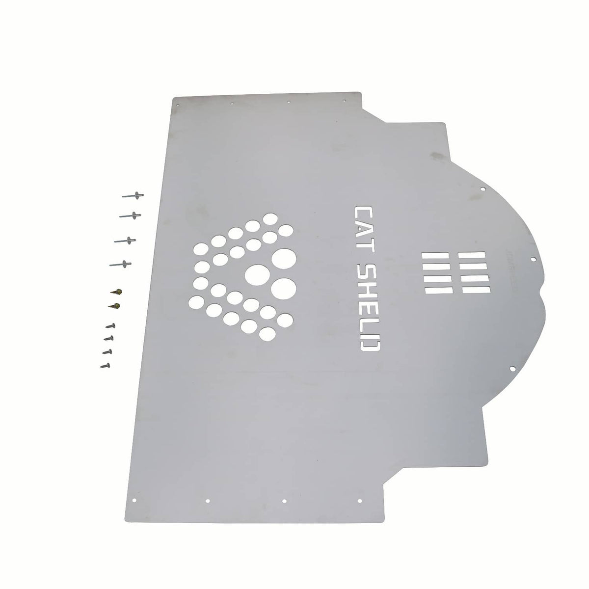 Metal cat shield panel with perforated emblem, CAT SHELLI text, and bolt holes