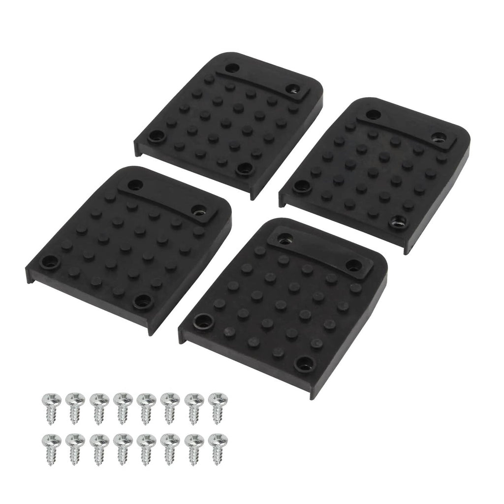 Set of four black rubber anti-slip stilt foot pads with mounting holes
