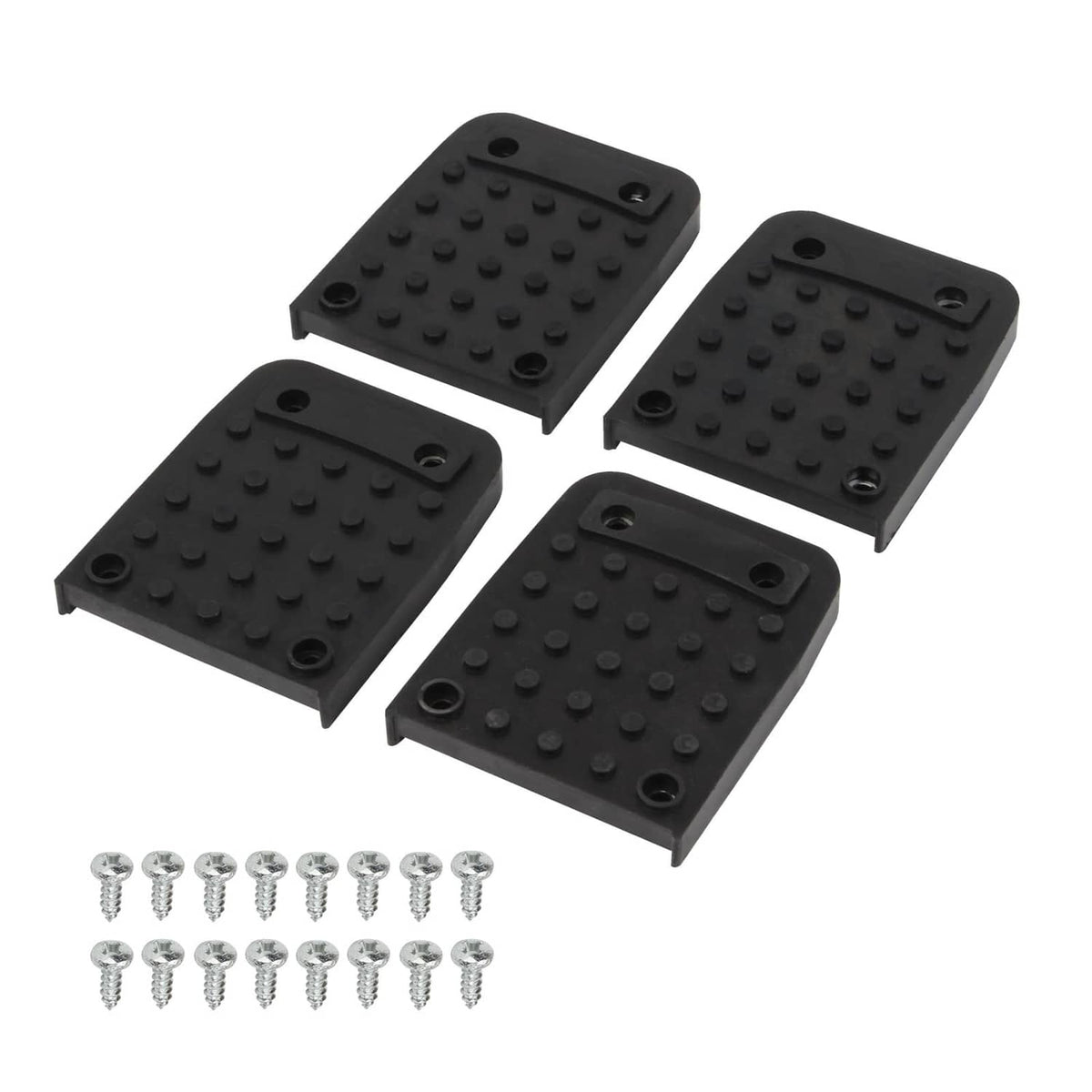 Set of four black rubber anti-slip stilt foot pads with mounting holes