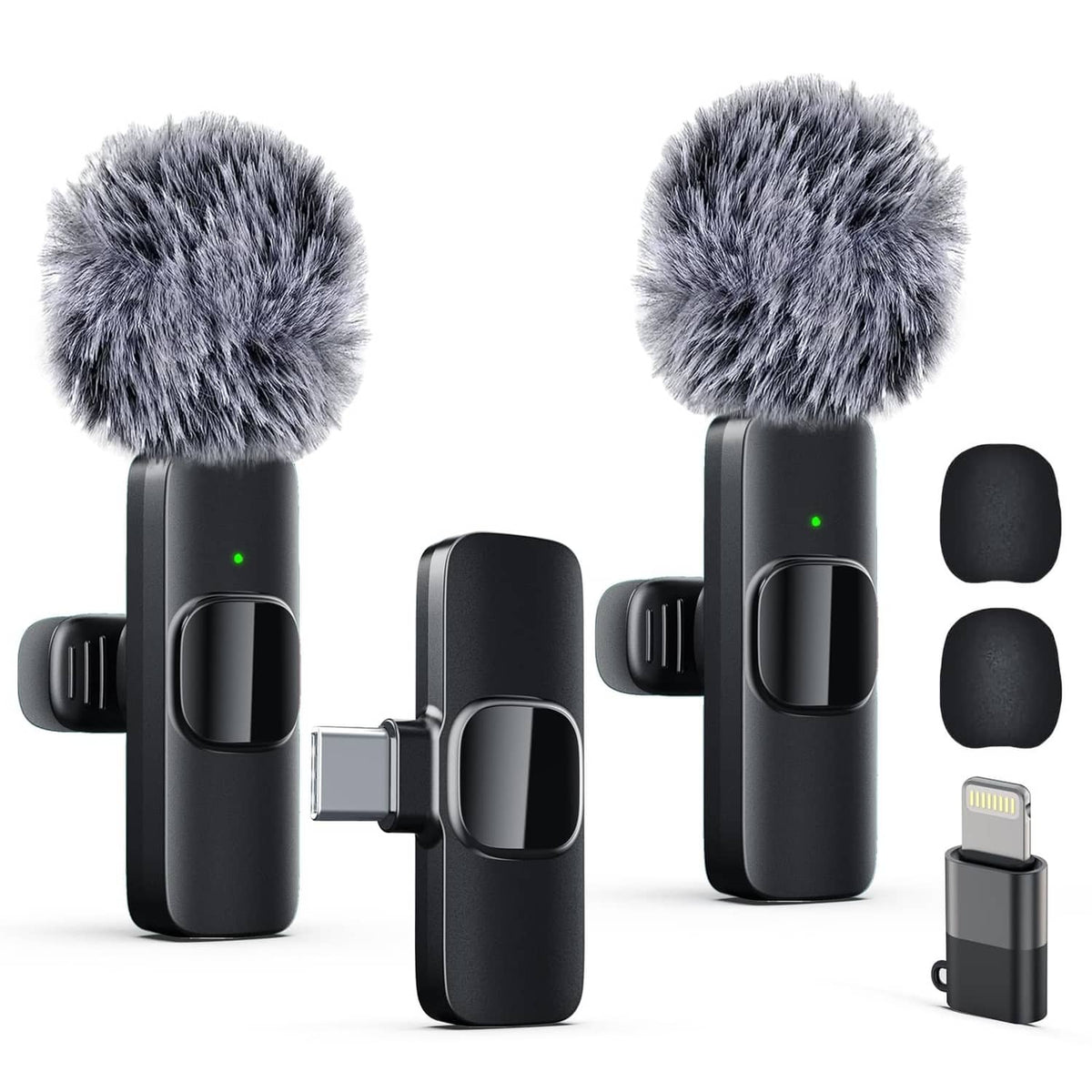 Black wireless lavalier lapel microphone set with two furry windshields and clip mounts