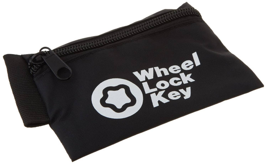 Black wheel lock key storage pouch with zipper and wrist strap, Wheel Lock Key logo