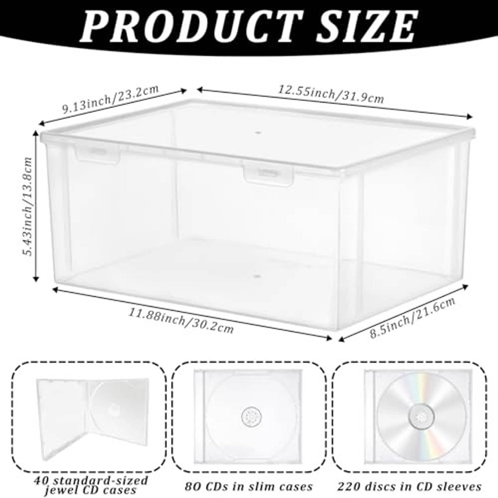 Clear plastic CD storage box with hinged lid, stackable rectangular design