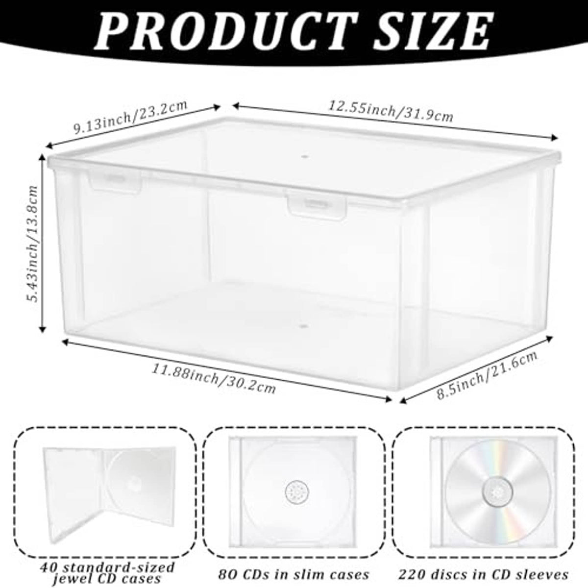 Clear plastic CD storage box with hinged lid, stackable rectangular design