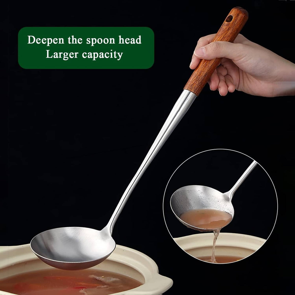 Stainless steel deep spoon with rounded bowl and wooden handle