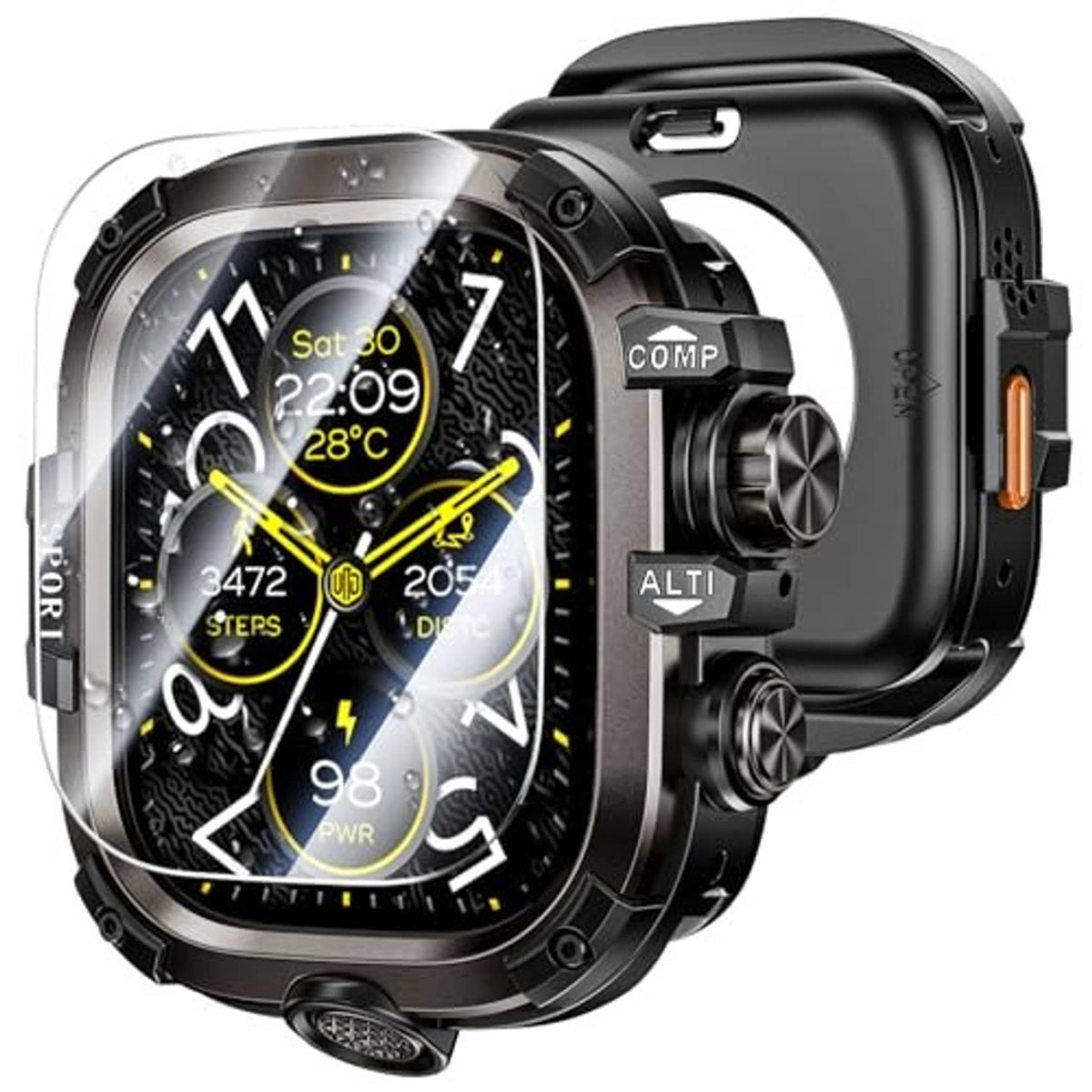 Black 49mm rugged smartwatch case with clear front screen protector and strap fit