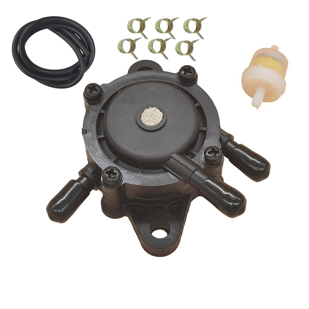 Vacuum fuel pump assembly with black hose, filter, and green nuts