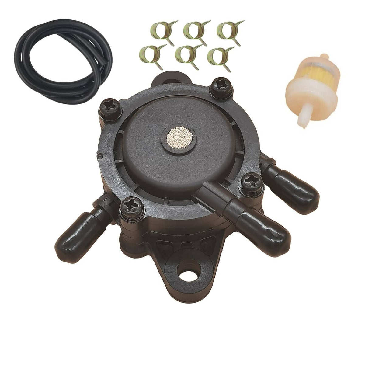 Vacuum fuel pump assembly with black hose, filter, and green nuts