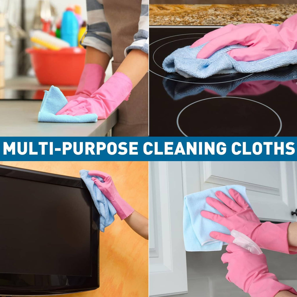 Microfiber cleaning cloths for multiple tasks, with blue and pink towels in use