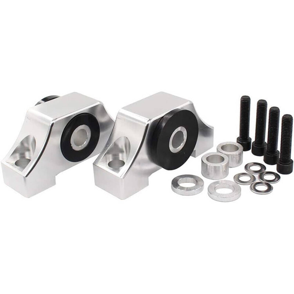 Pair of silver engine motor mounts with black rubber bushings and hardware bolts