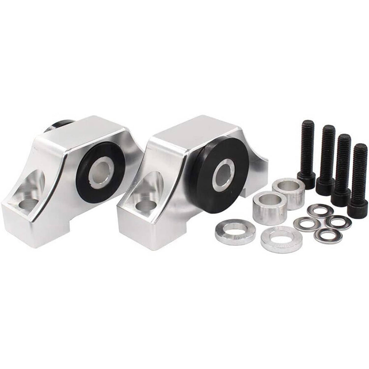 Pair of silver engine motor mounts with black rubber bushings and hardware bolts