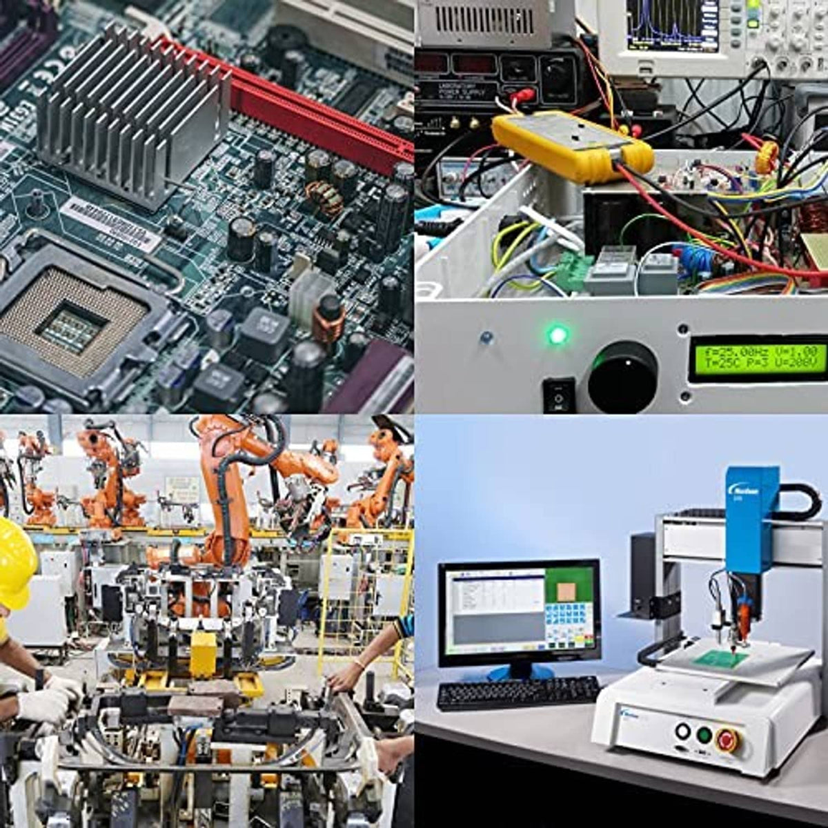 Industrial electronics lab view with circuit boards and connected equipment