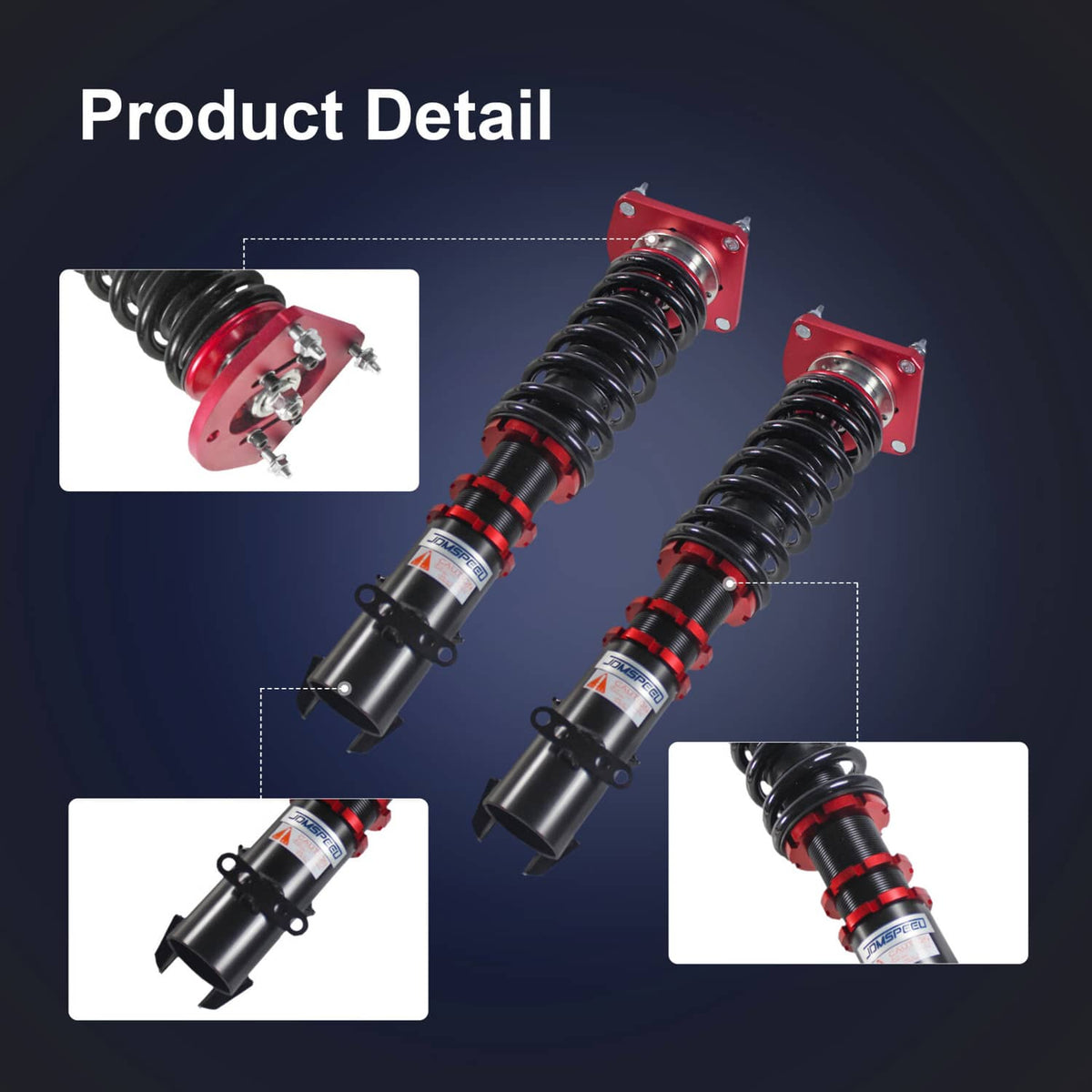 Angled coilover shock detail with red spring seats and black dampers