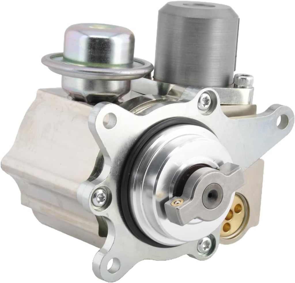 High pressure fuel pump with silver metal housing, inlet port, and wiring connector