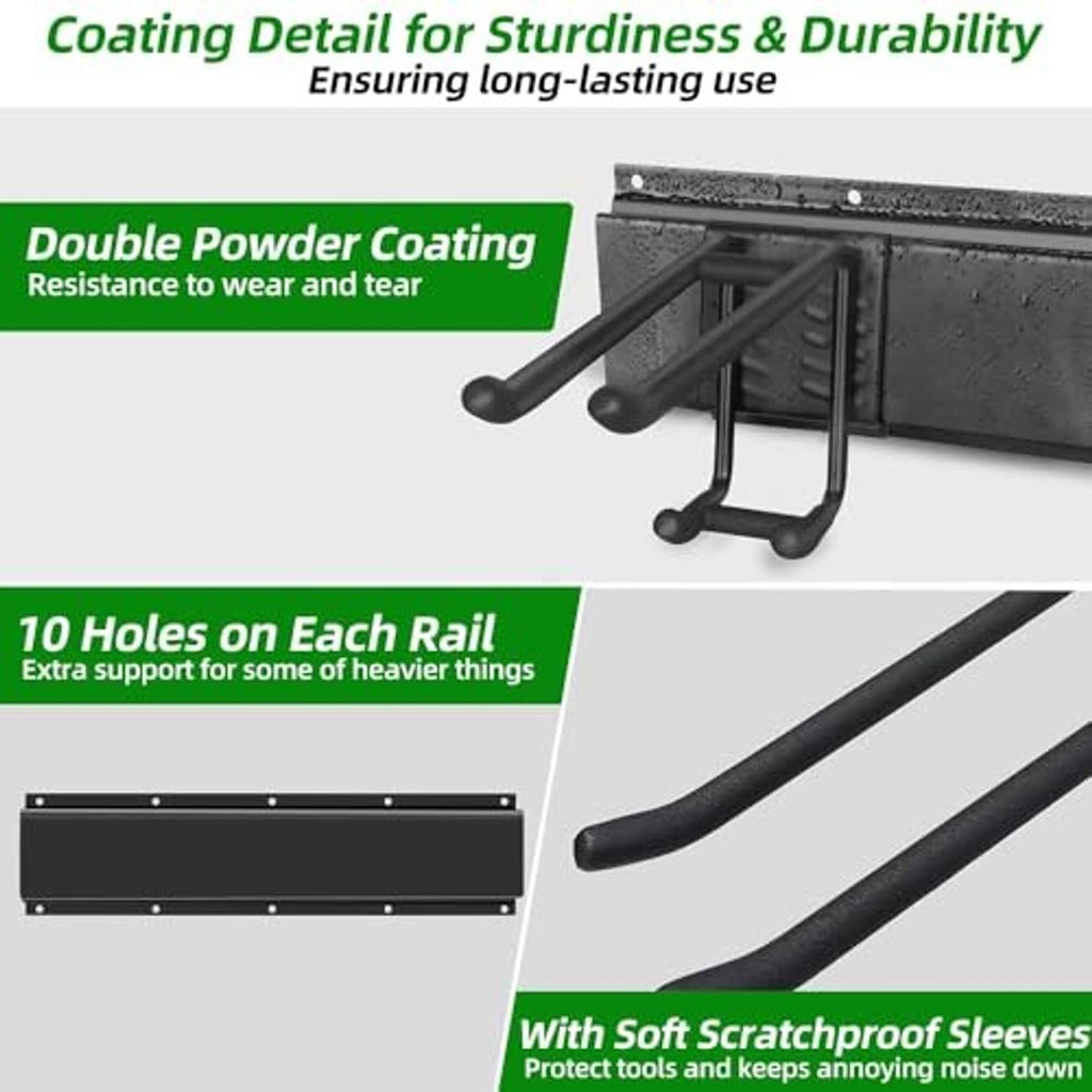 Black powder-coated tool rail with curved hooks and mounting holes