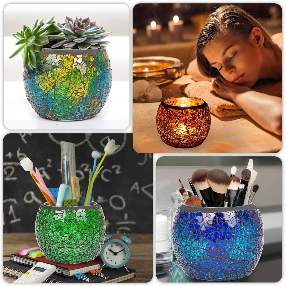 Turquoise mosaic glass votive candle holder with warm candle glow and plants.