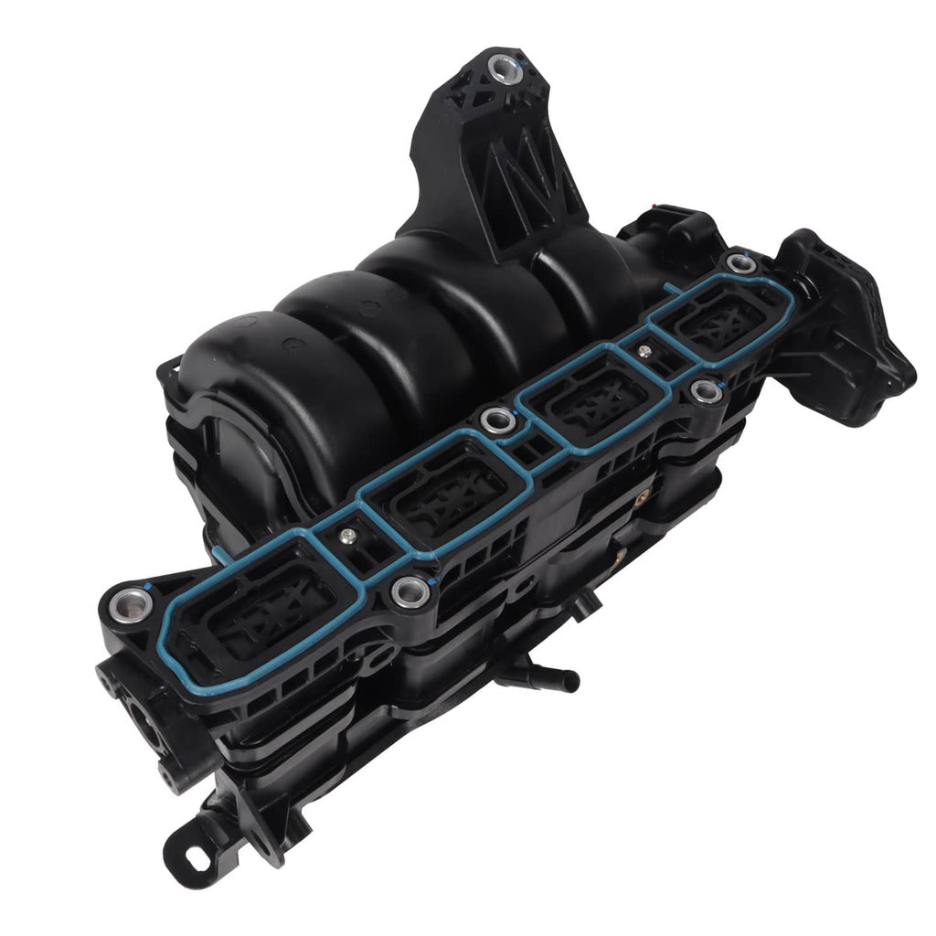 Black air intake manifold with blue connector strip and sensor mounting points