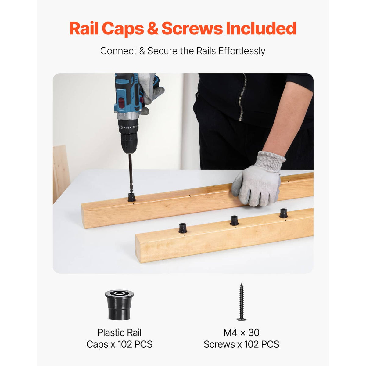 Black rail caps and M4 screws with baluster installation parts