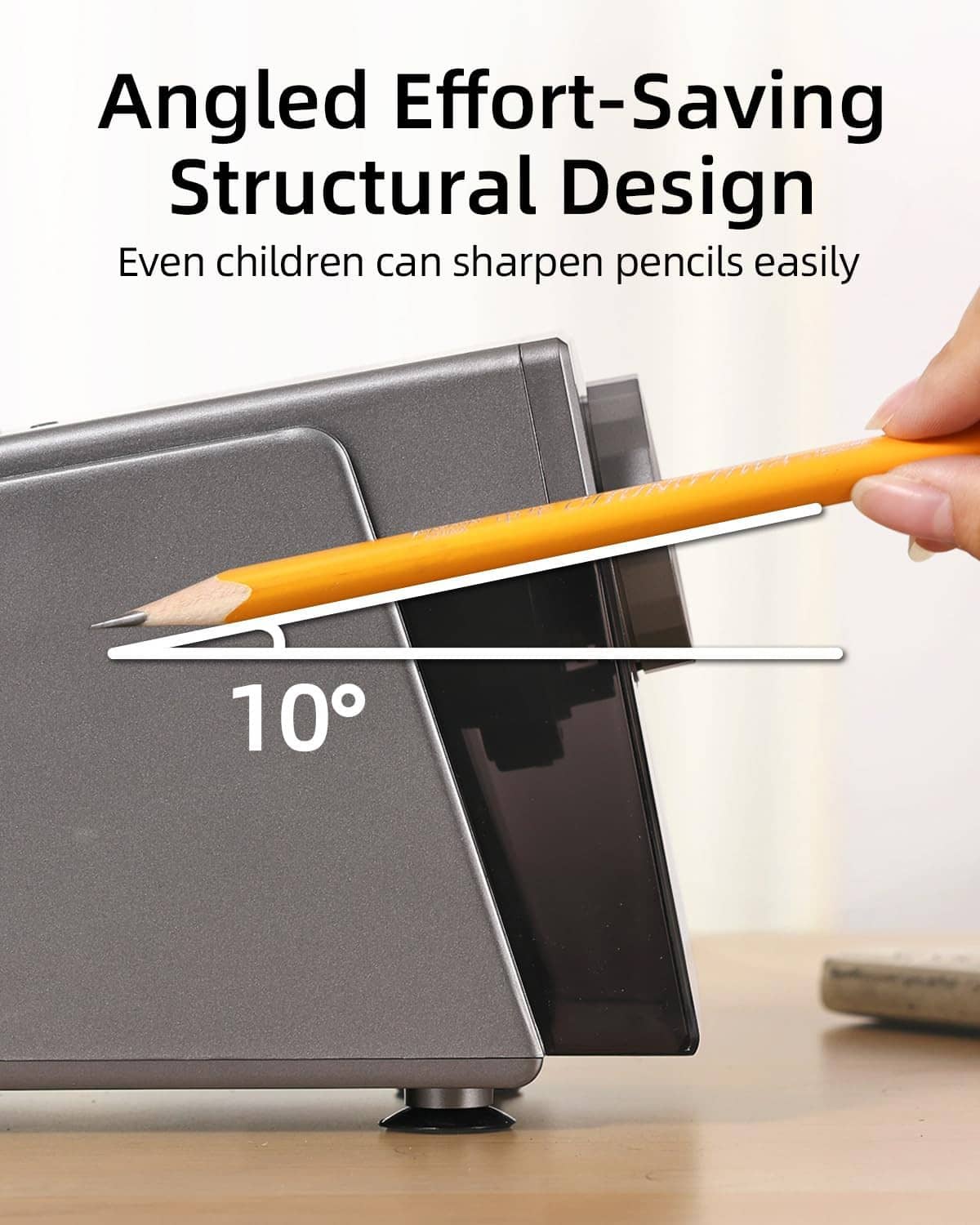 10-degree angled electric pencil sharpener with 6-hole drum for easy sharpening