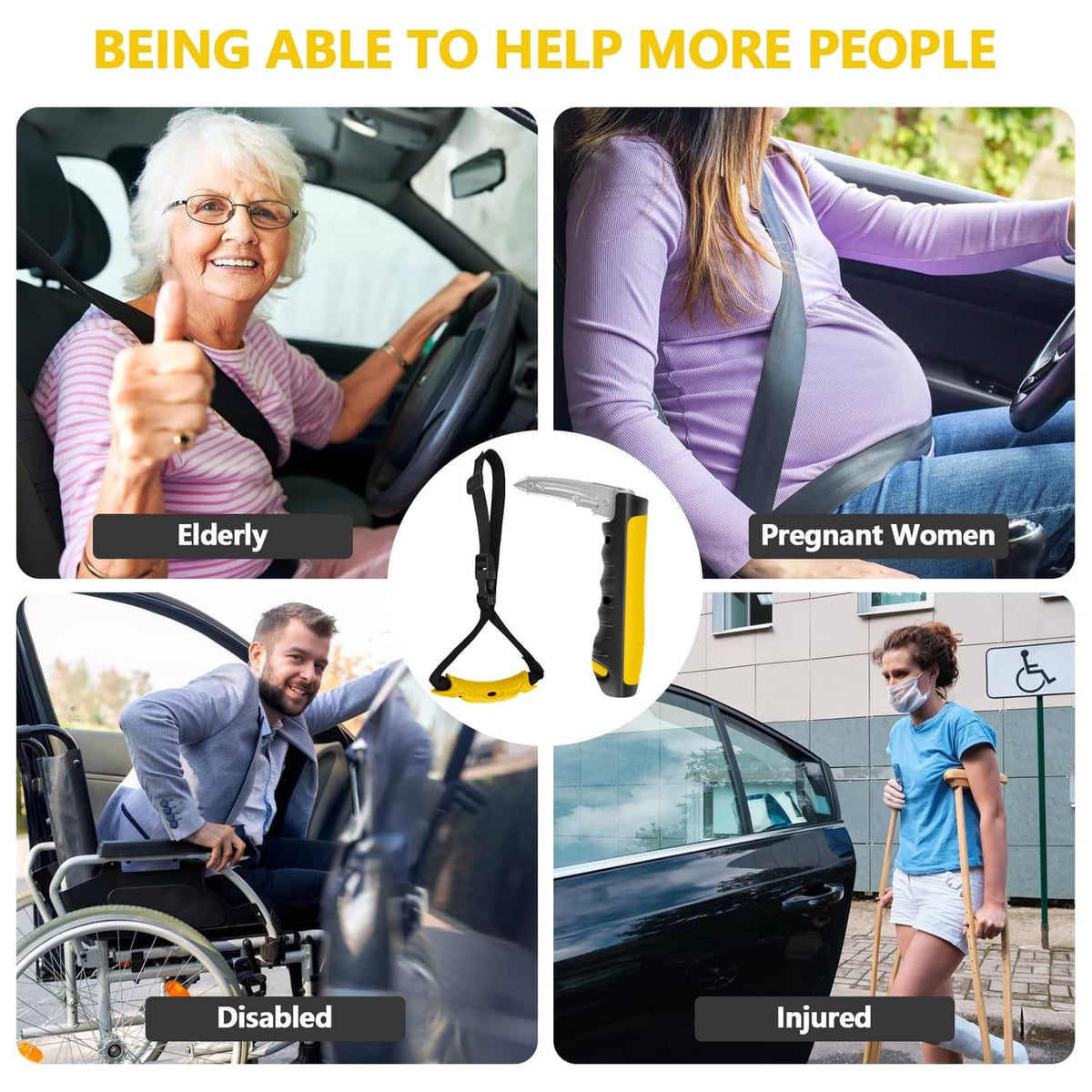 Car door assist kit: yellow grip handle with black strap for vehicle entry help