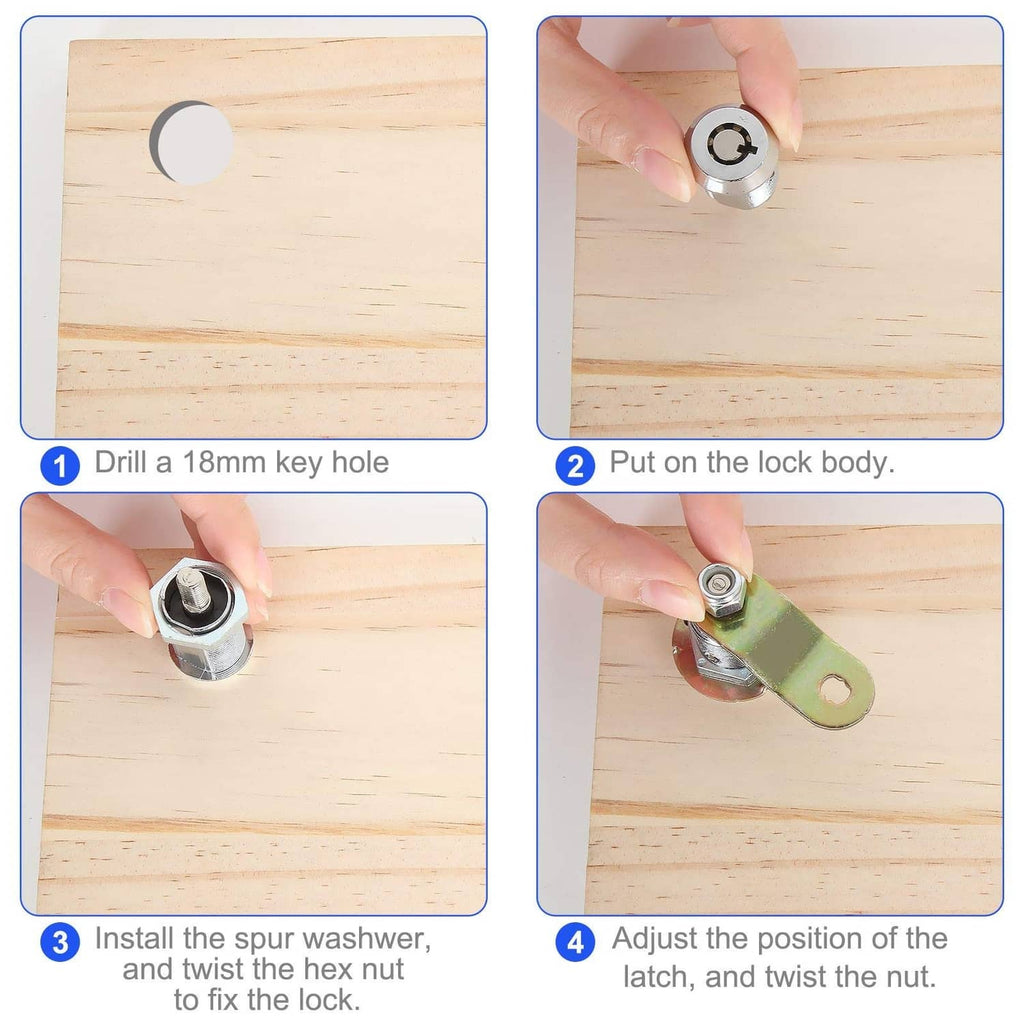Step-by-step cam lock installation set: drill key hole, mount lock, tighten hex nut