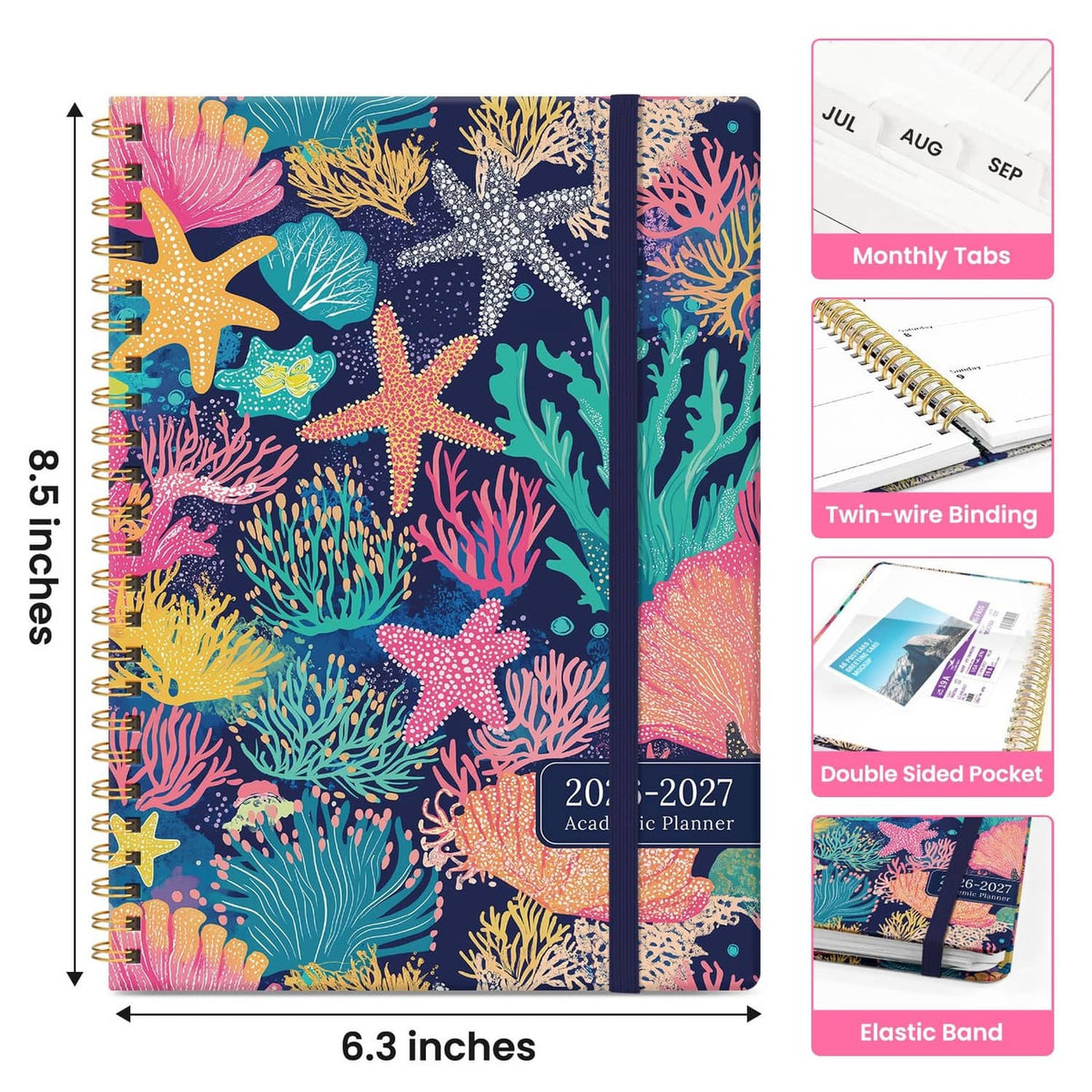 6.3x8.5 spiral planner with coral reef cover, monthly tabs, and elastic band