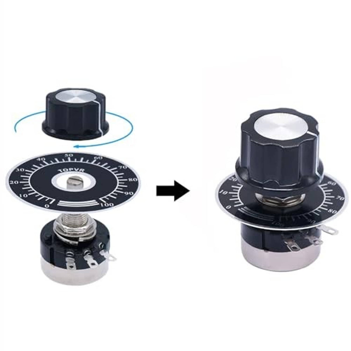 Rotary potentiometer showing knob and dial scale, with metal shaft and wiring pins
