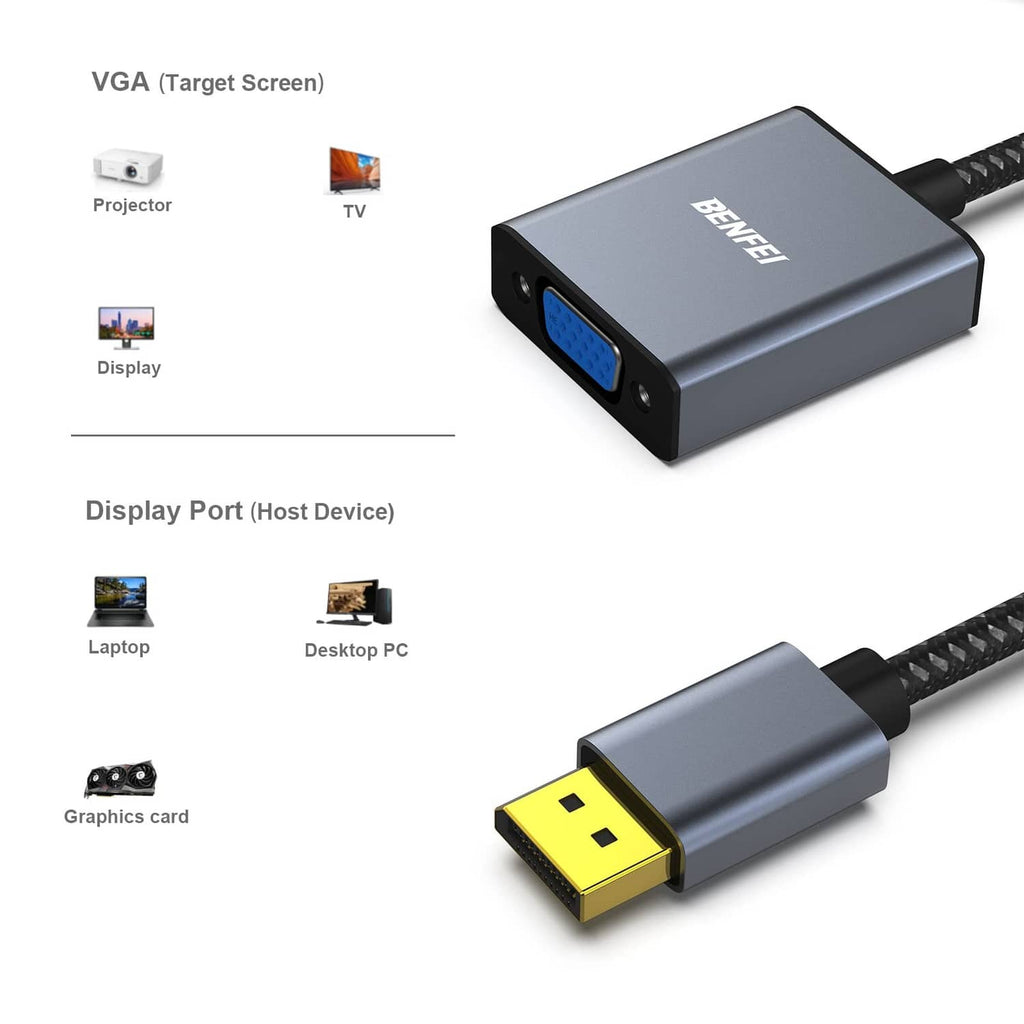 Grey DisplayPort to VGA adapter with blue VGA port and braided cable, BENFEI label