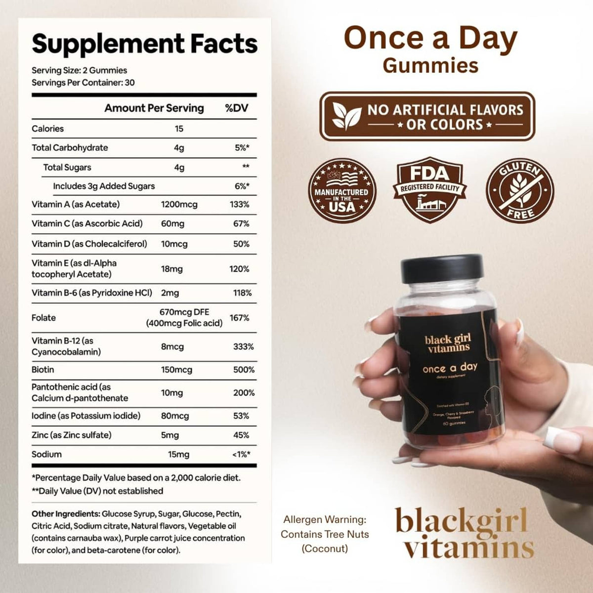 Black girl vitamins once a day gummy bottle label and supplement facts panel