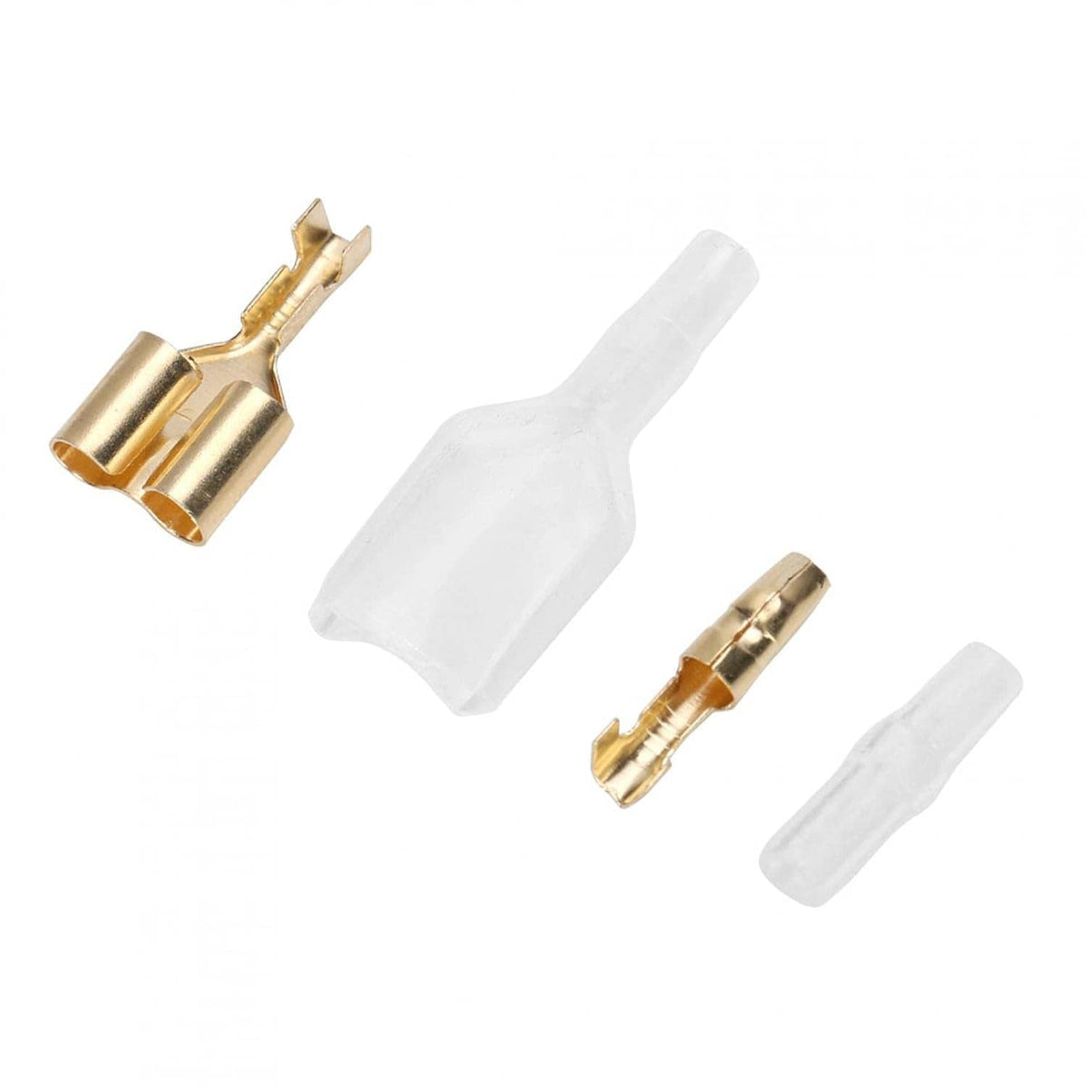 Bullet crimp terminal connectors set with insulated female/male bullet tabs, gold and white