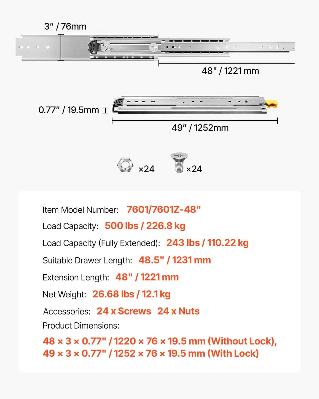 Technical diagram of full-extension drawer slide with dimensions, load rating, and included hardware