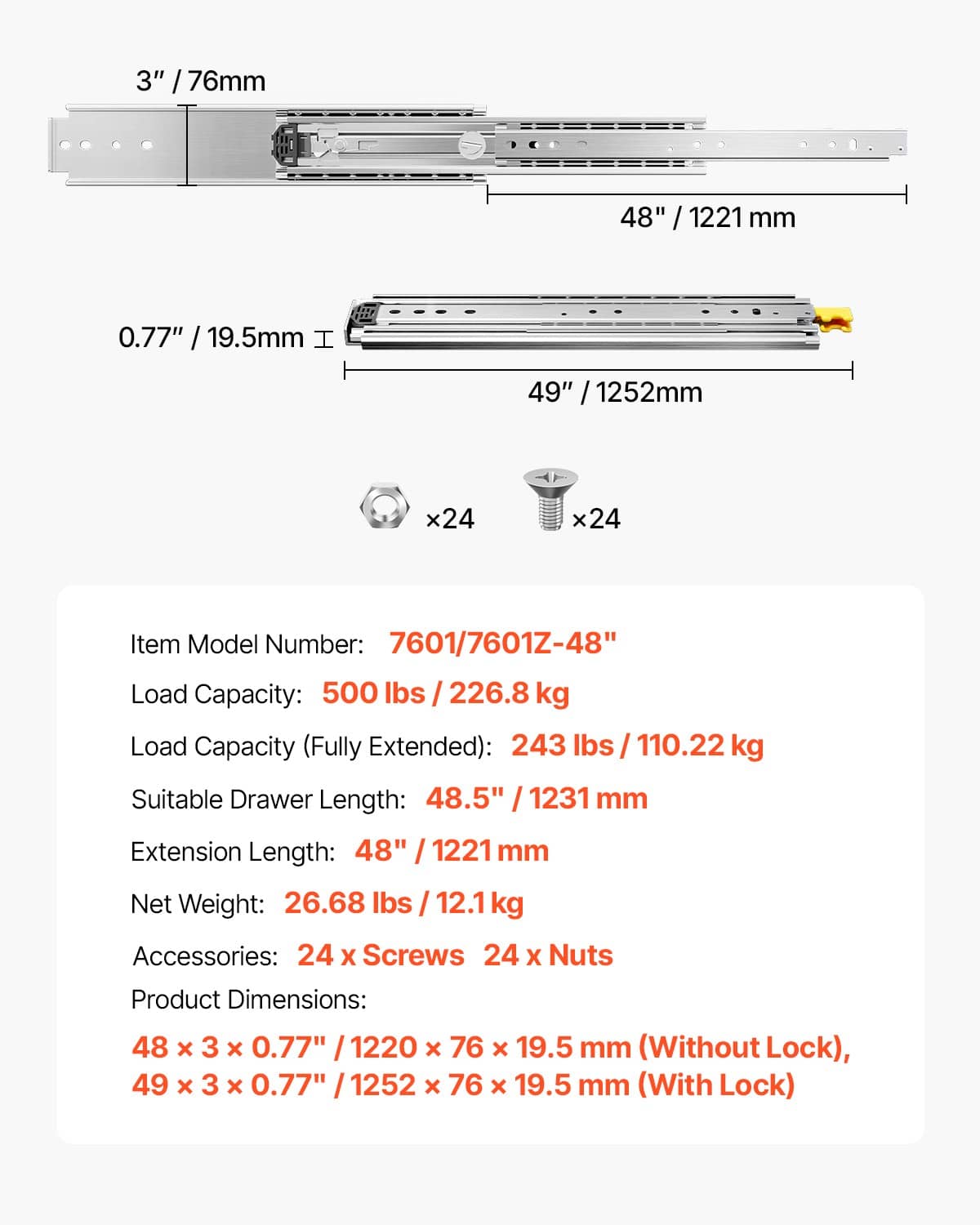 Technical diagram of full-extension drawer slide with dimensions, load rating, and included hardware