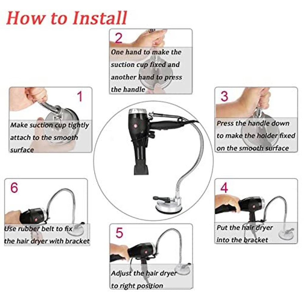Hair dryer holder installation diagram showing suction base, bracket, and dryer mount