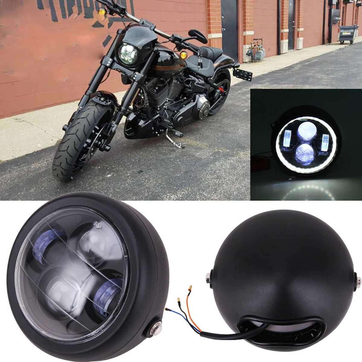 6.5-inch motorcycle headlight in black housing, mounted on a cafe racer front end