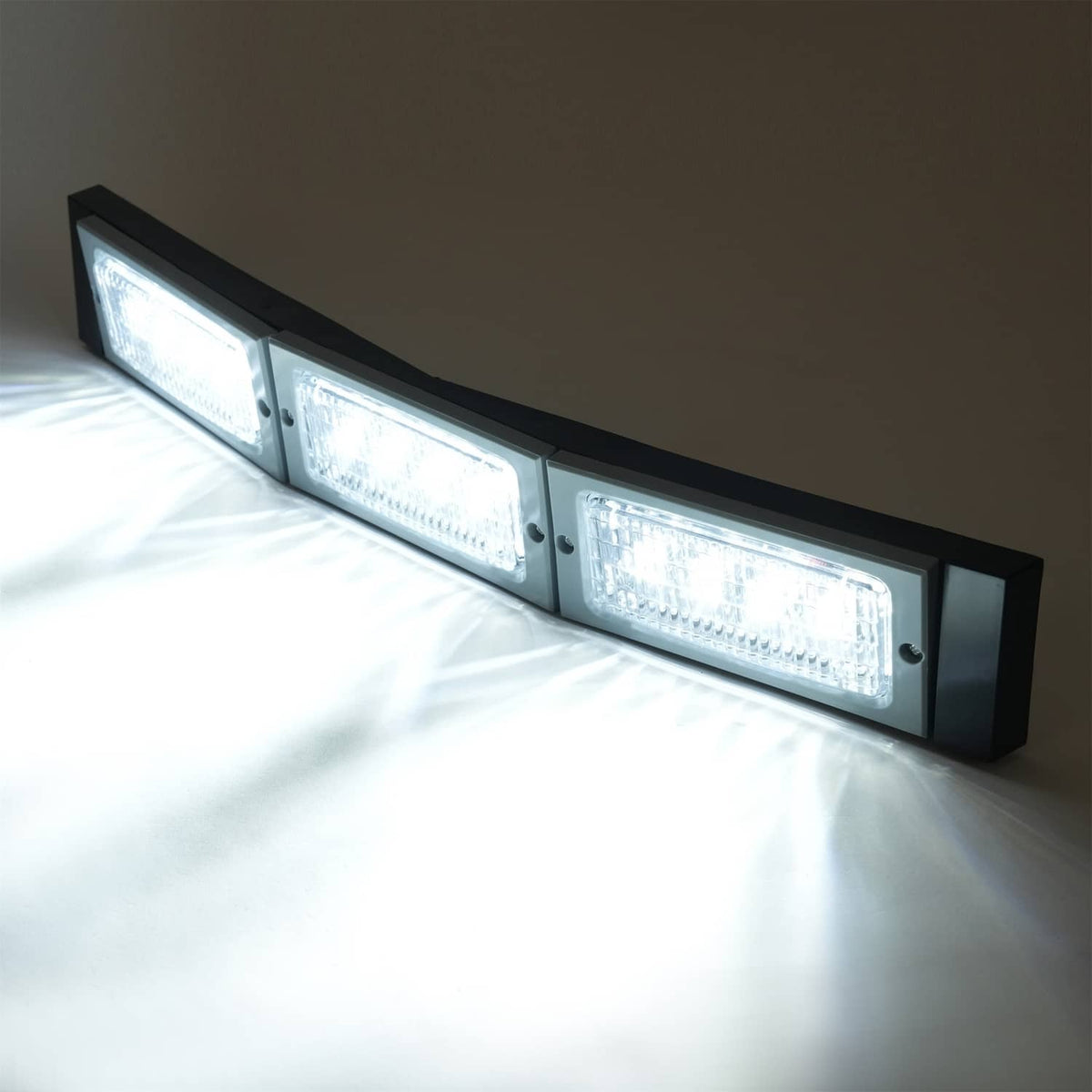 LED light bar headlight hood light with three rectangular LED panels in black housing