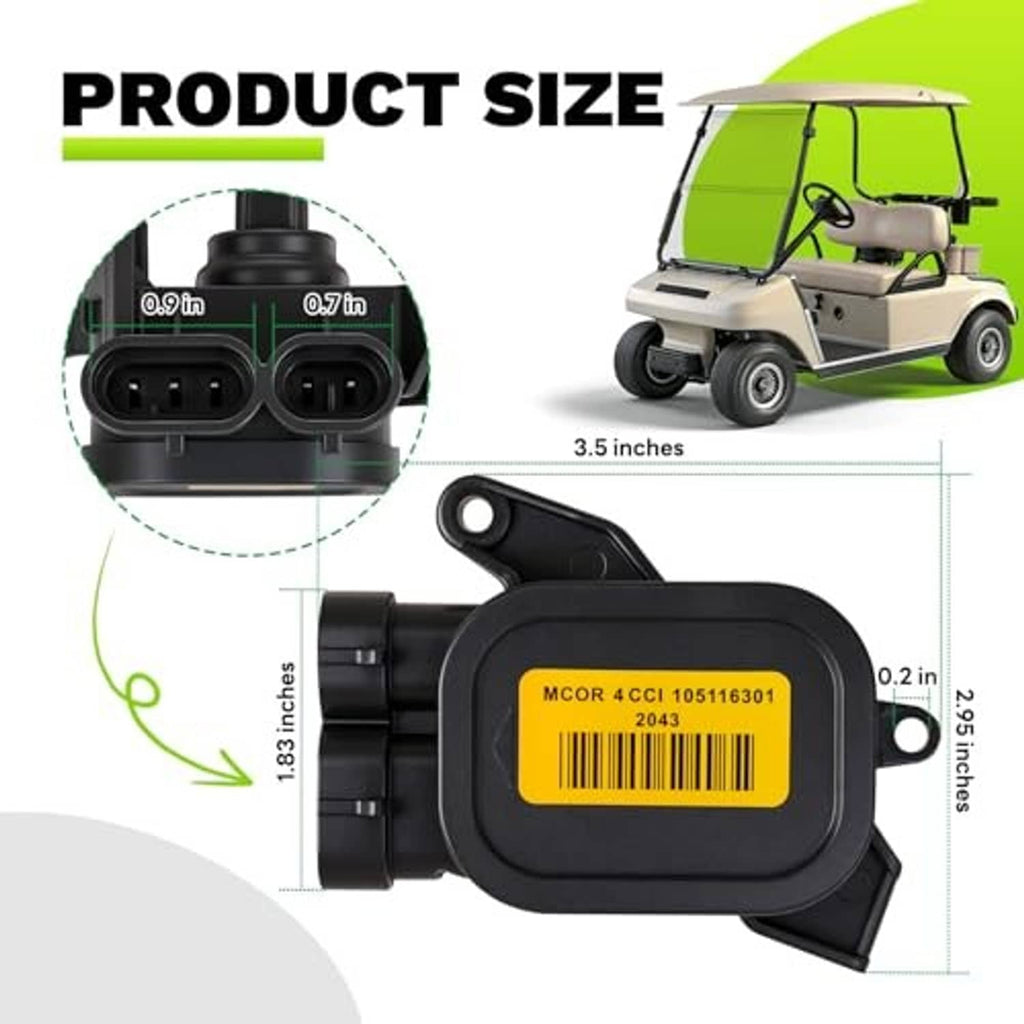 Black throttle potentiometer with yellow barcode label and size dimension callouts