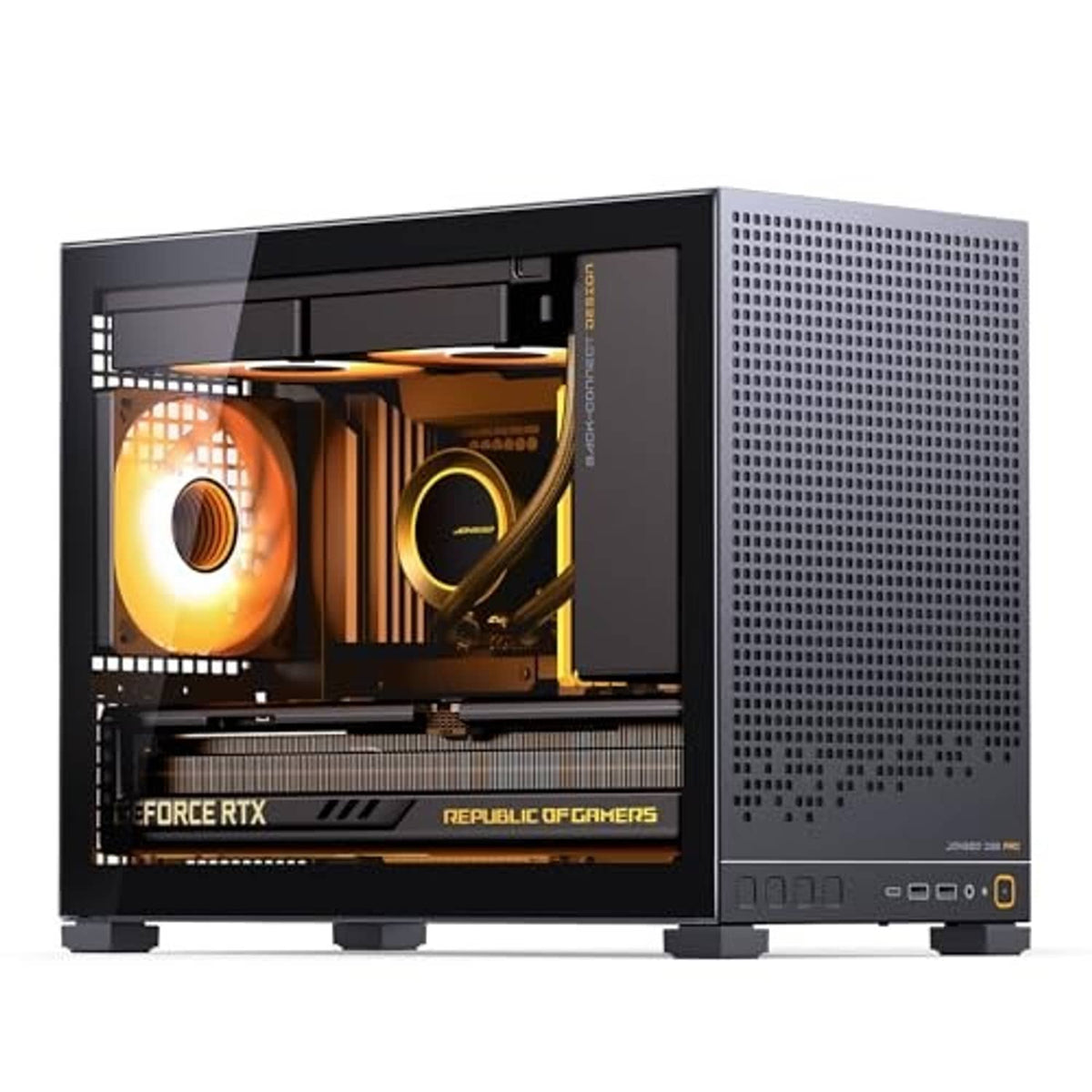 Black mini desktop PC case with open side showing graphics card and CPU fan area