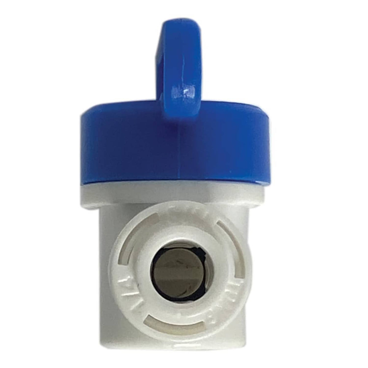 Blue-topped push shut off valve showing circular inlet opening