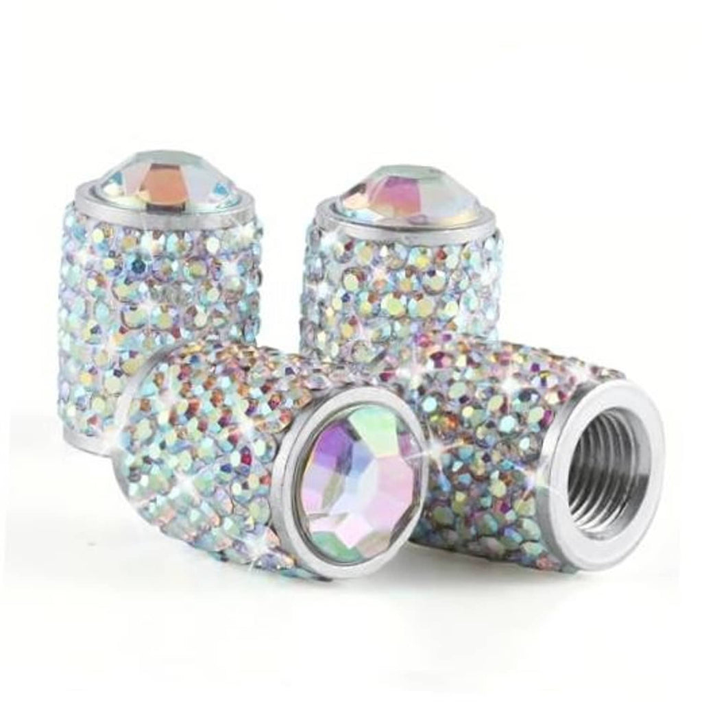 Crystal rhinestone tire valve caps with iridescent AB sparkle on chrome valve stems