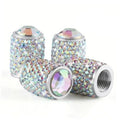 Crystal rhinestone tire valve caps with iridescent AB sparkle on chrome valve stems