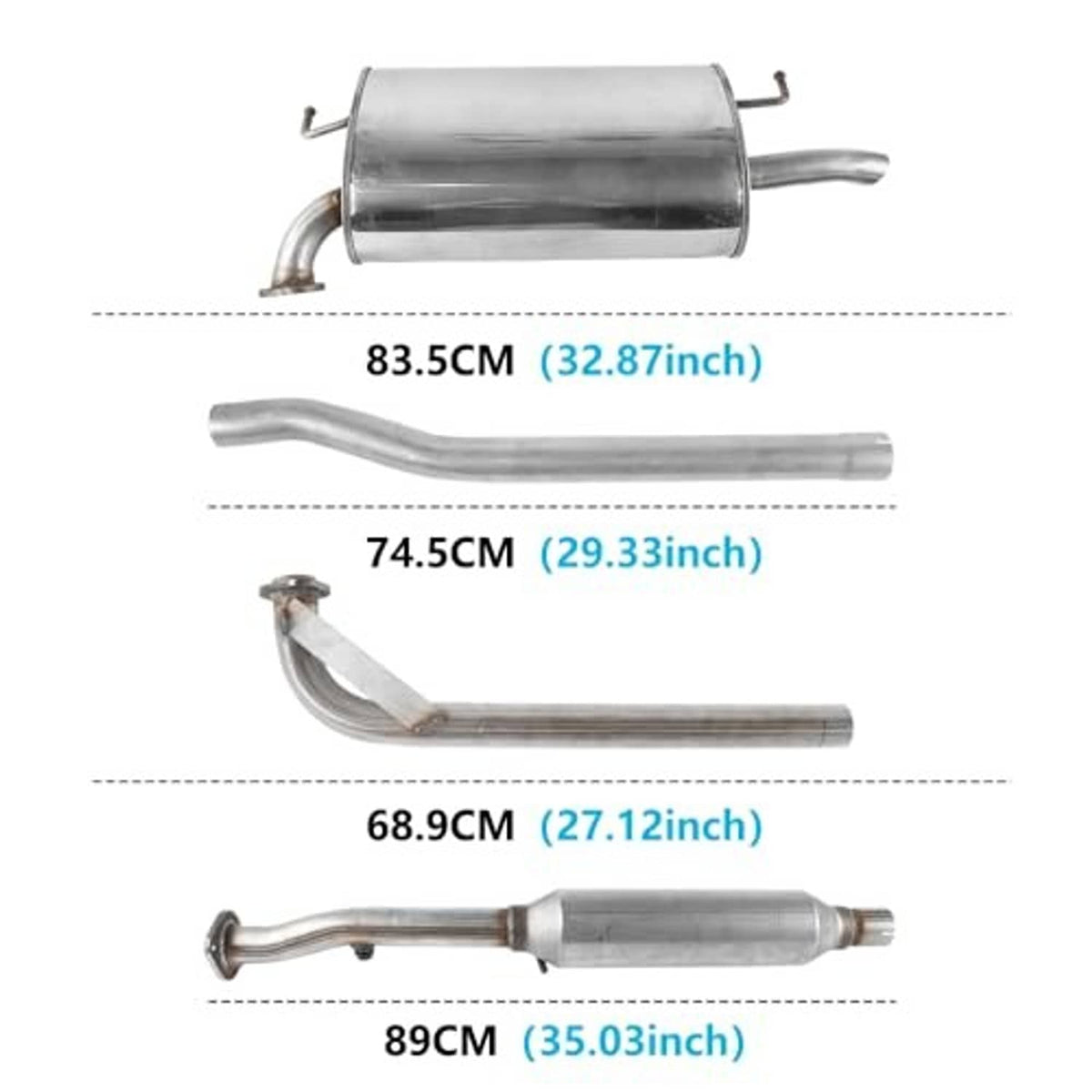 Exhaust kit components with size dimensions: muffler and resonator pipes and bends