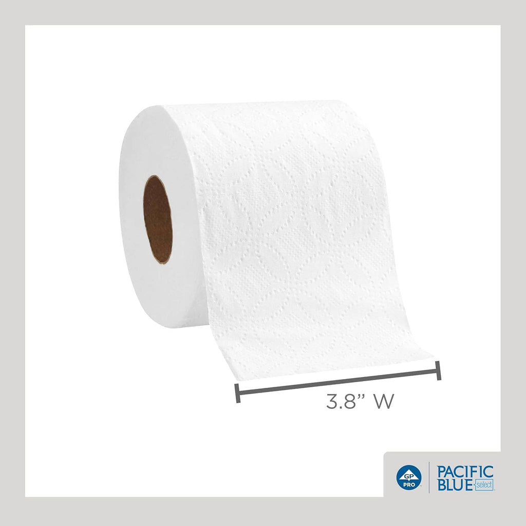 White 2-ply embossed toilet paper roll with a sheet pulled out; shows 3.8" width