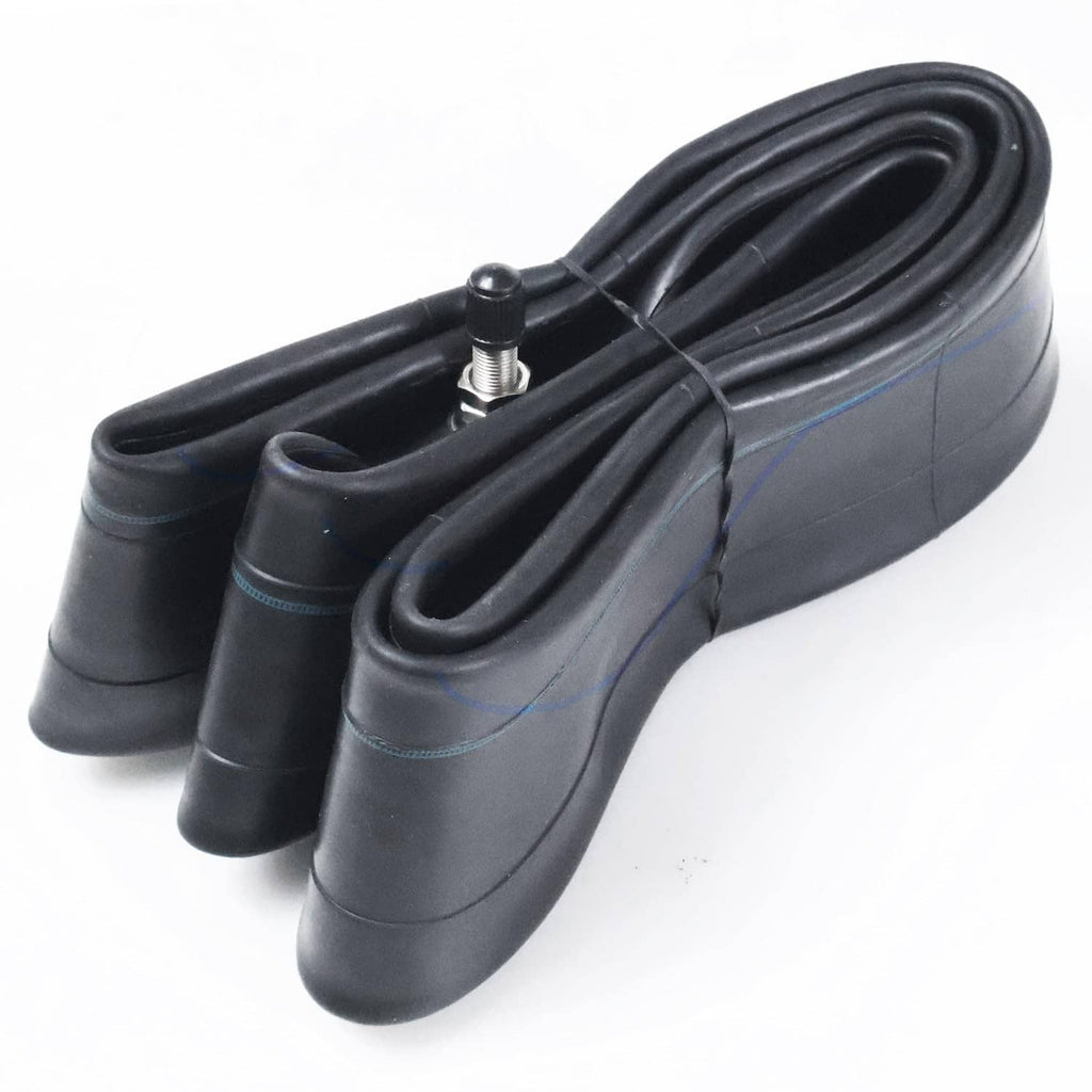 Folded black motorcycle inner tubes set with valve stems and blue seam line