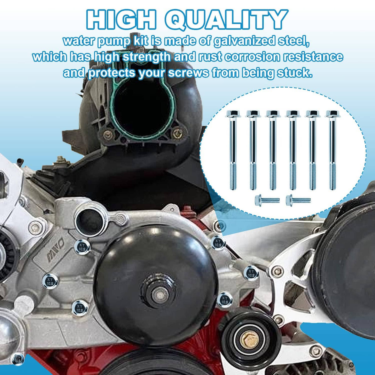 Water pump bolt kit with chrome bolts and two included short hex bolts, shown near engine