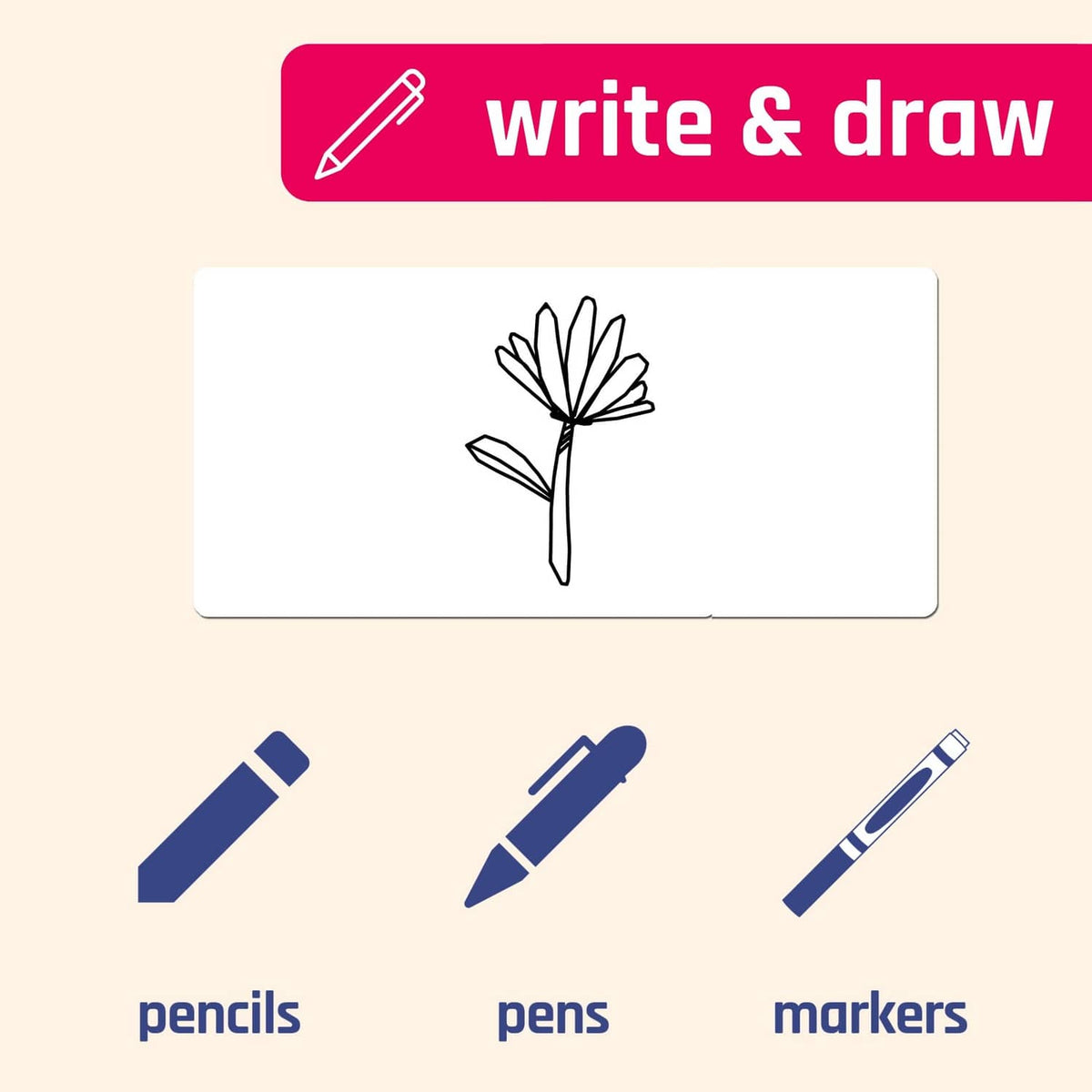 Printable white sticker sheet with flower drawing and writing tools icons