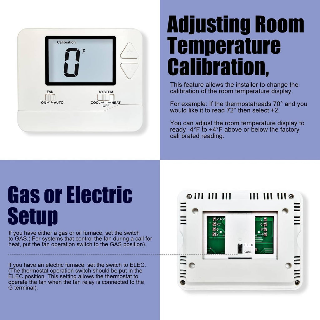 Heagstat H701 non-programmable thermostat showing room calibration on LCD screen