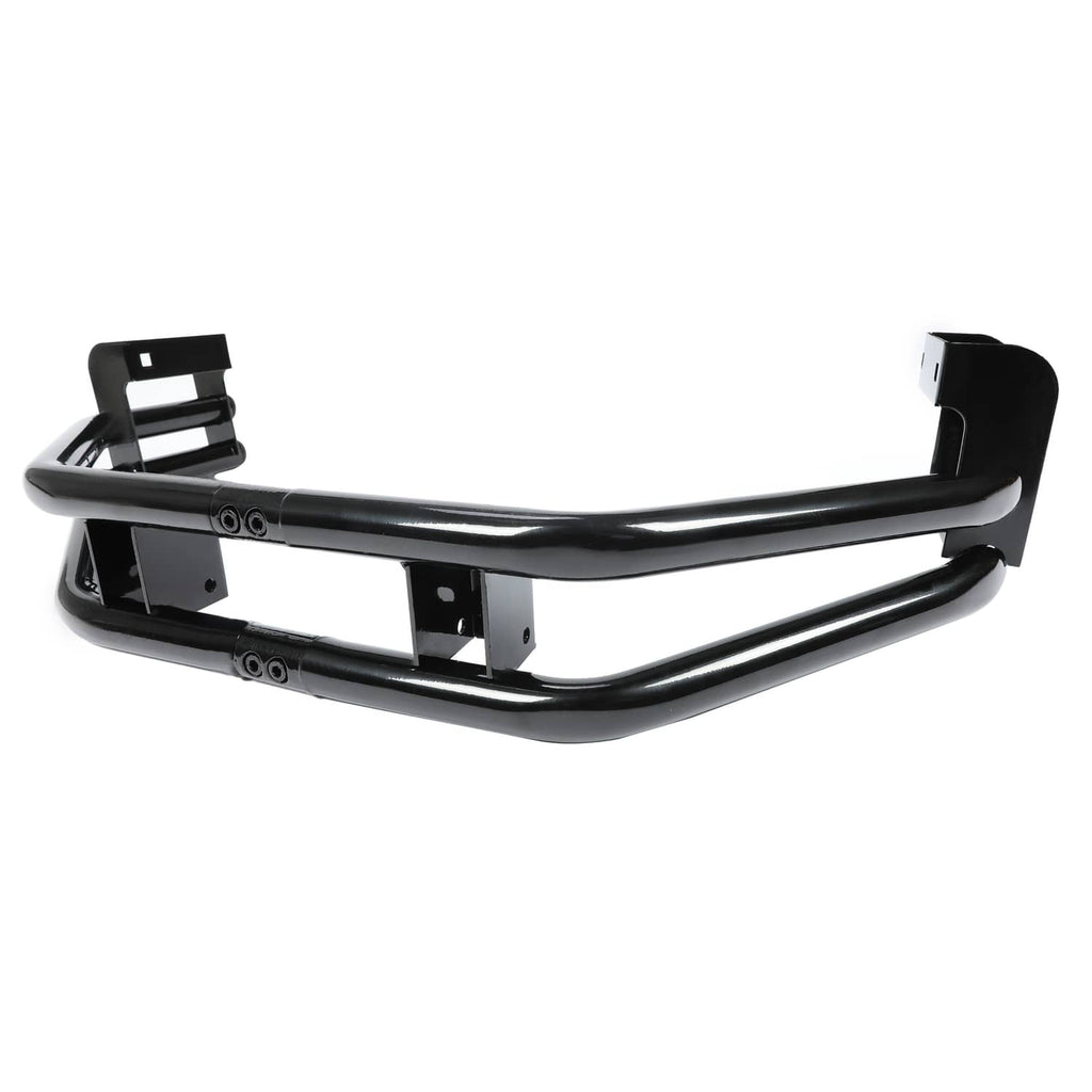 Black rear bumper bar with hitch mount bracket and mounting hardware, side view